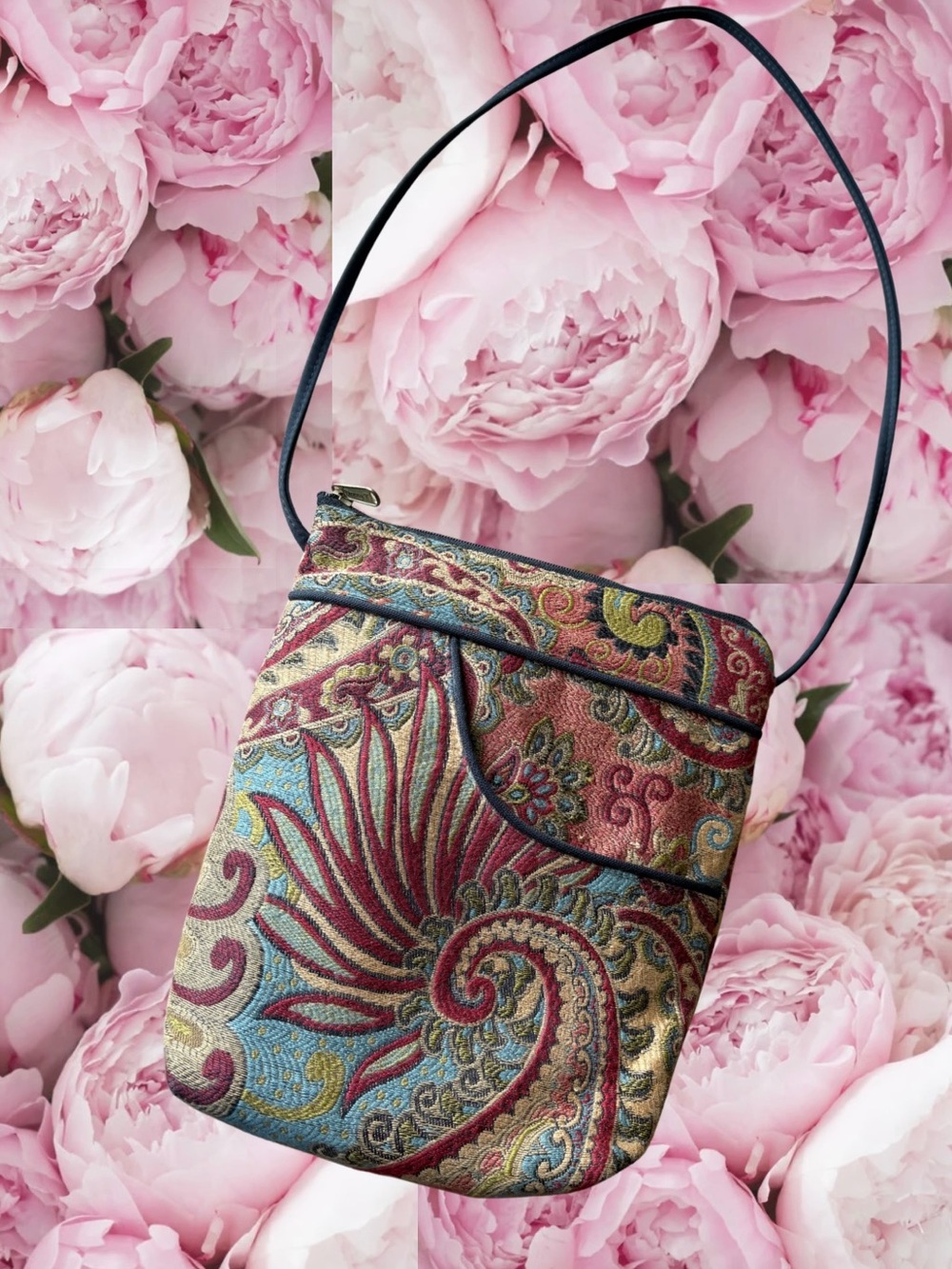 Danny K Beverly Hills Adjustable Crossbody Bag Tapestry Floral Made in USA